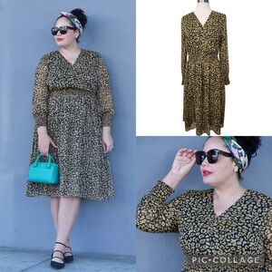WhoWhatWear Cheetah Print Surplice V-Neck Wrap Long Lantern Sleeve Midi Dress